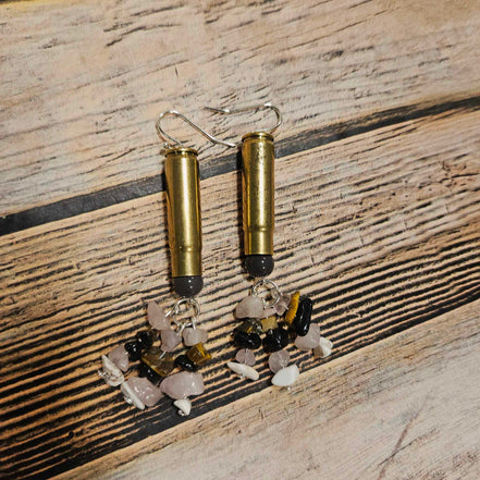 rock tassel earrings, ammo earrings, silver hook earrings, handmade jewelry, blk beaded jewelry 