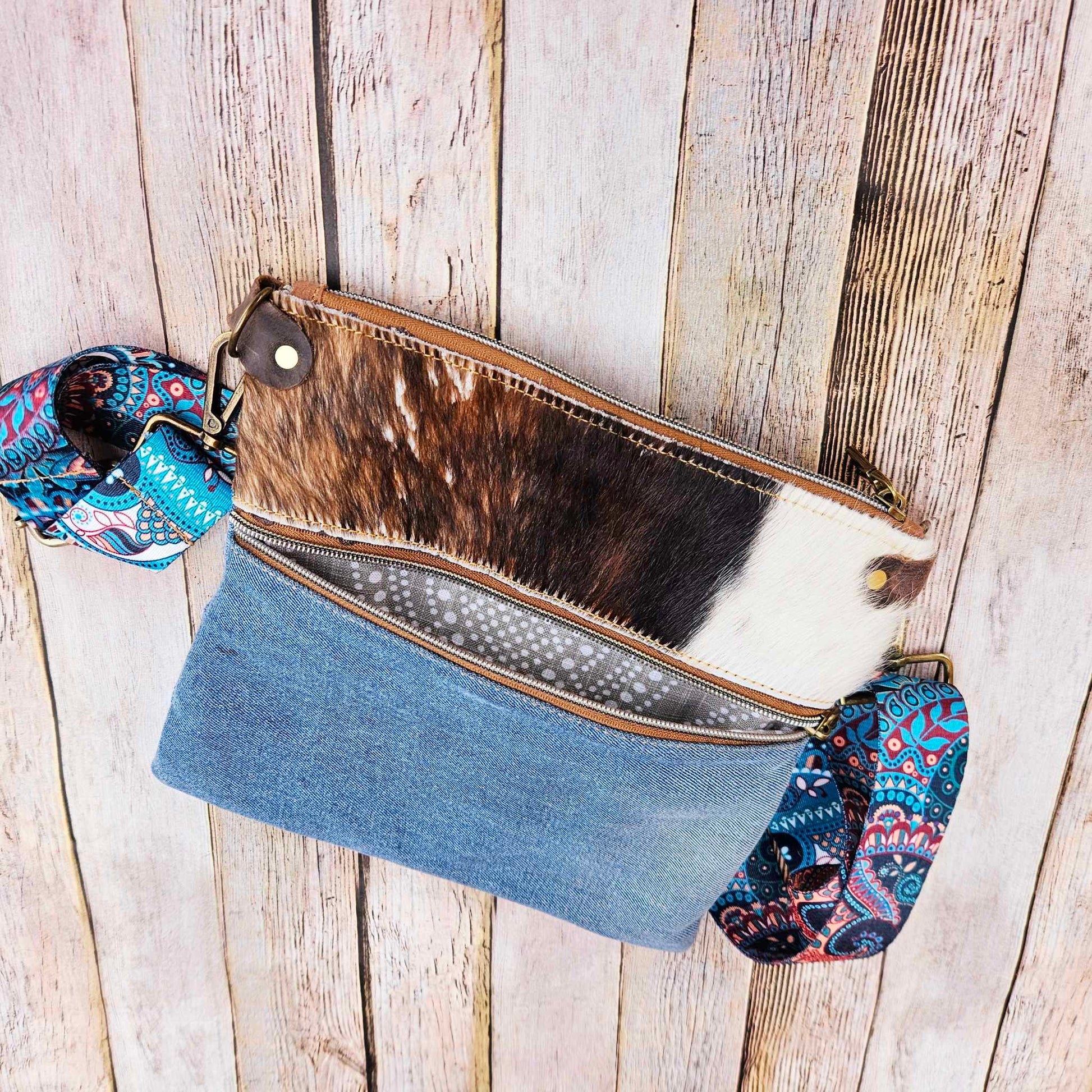 denim bag, denim crossbody, denim purse, cowhide bag, cowhide crossbody, cowhide purse, handmade