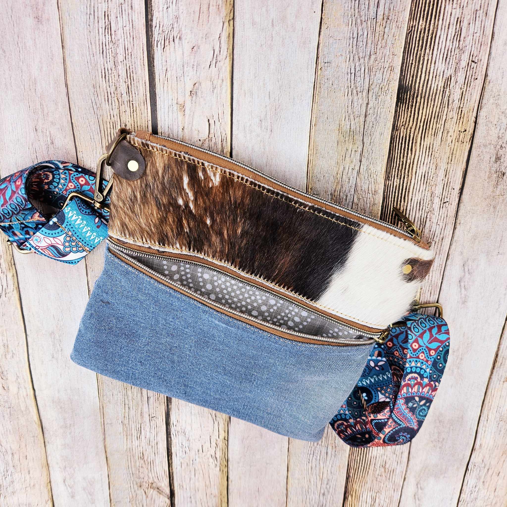 denim bag, denim crossbody, denim purse, cowhide bag, cowhide crossbody, cowhide purse, handmade