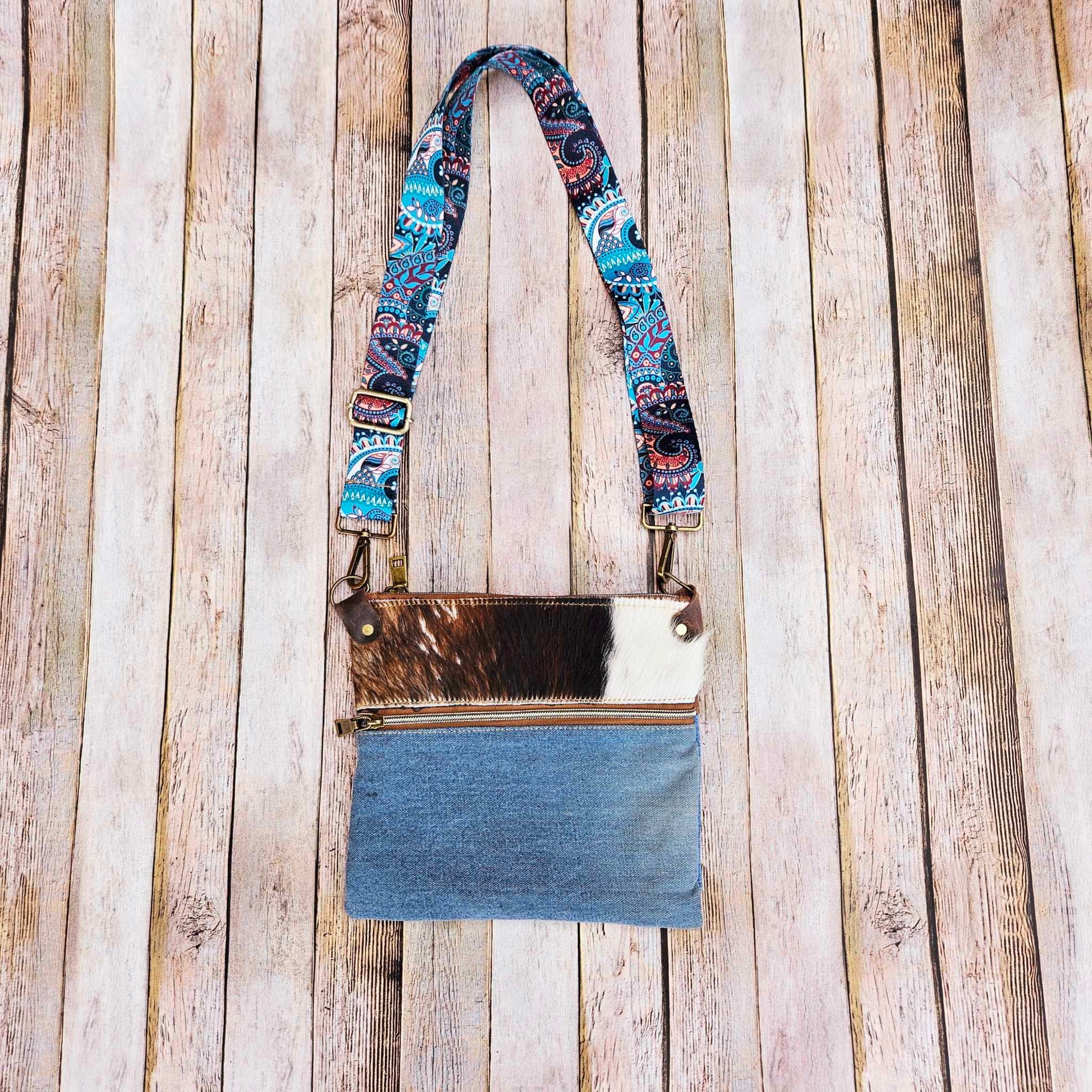 cowhide purse, cowhide bag, cowhide crossbody, denim bag, denim crossbody, handmade bag