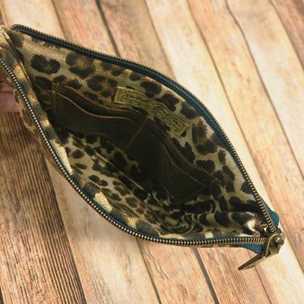Oleta Leopard Clutch Wristlet with green zipper