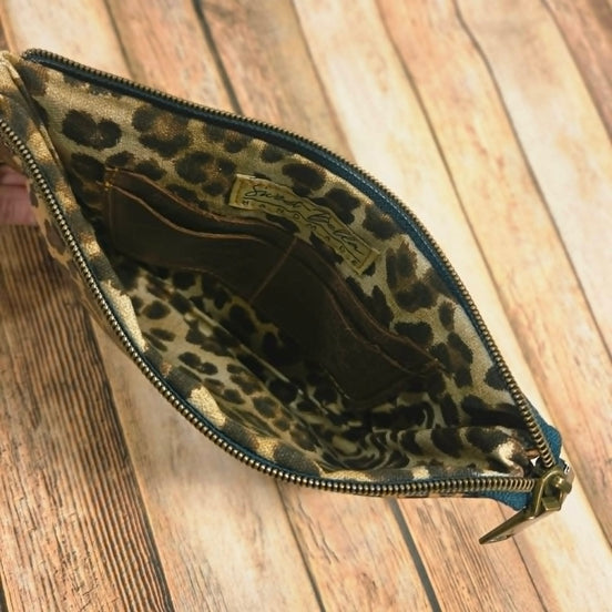 Oleta Leopard Clutch Wristlet with green zipper