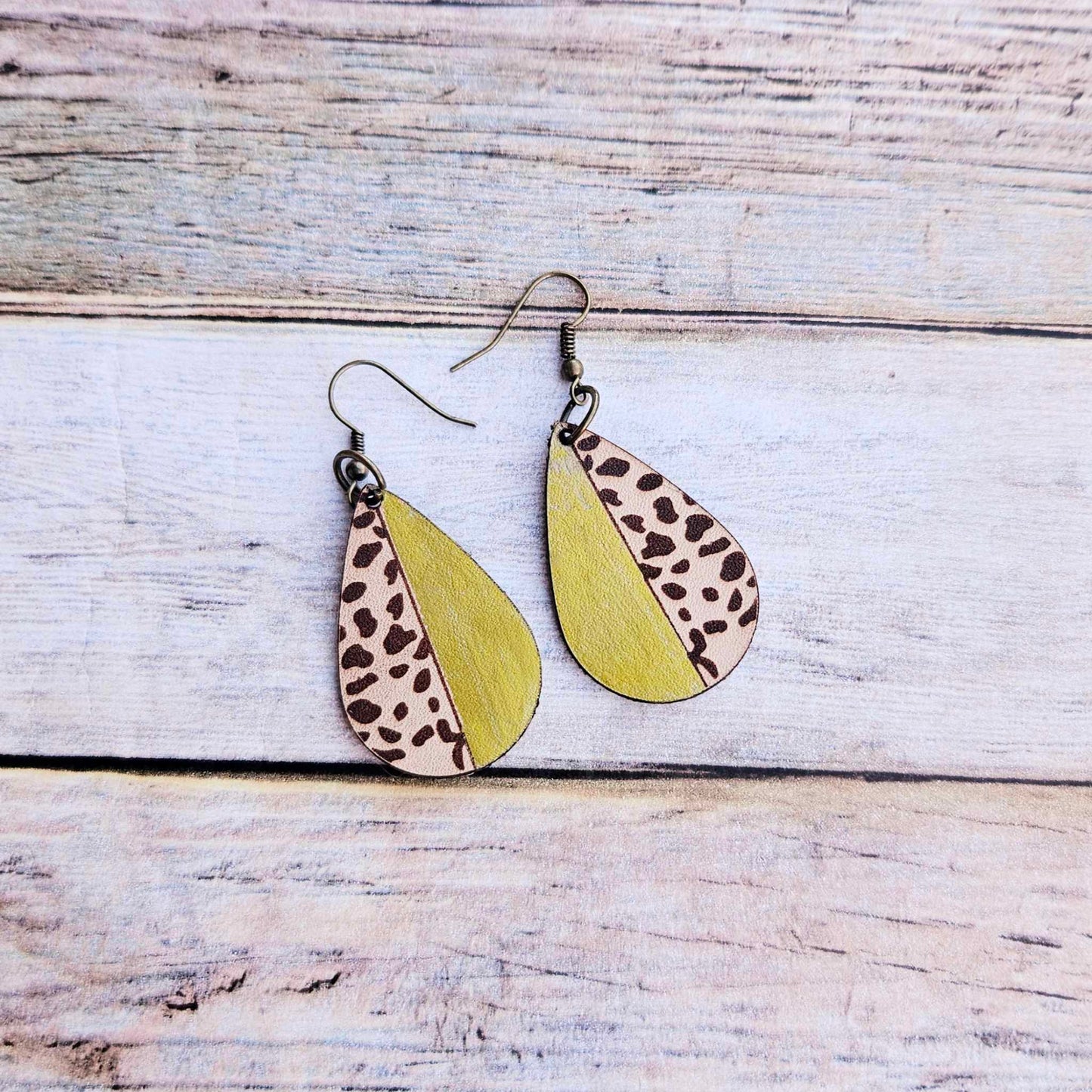 laser burned, leopard, earrings, tear drop, leather jewelry, lime earrings