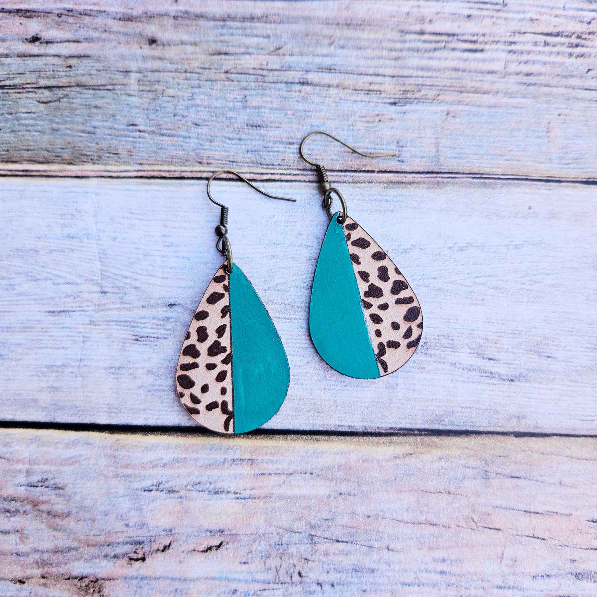 laser burned, leopard, earrings, tear drop, leather jewelry , teal earrings