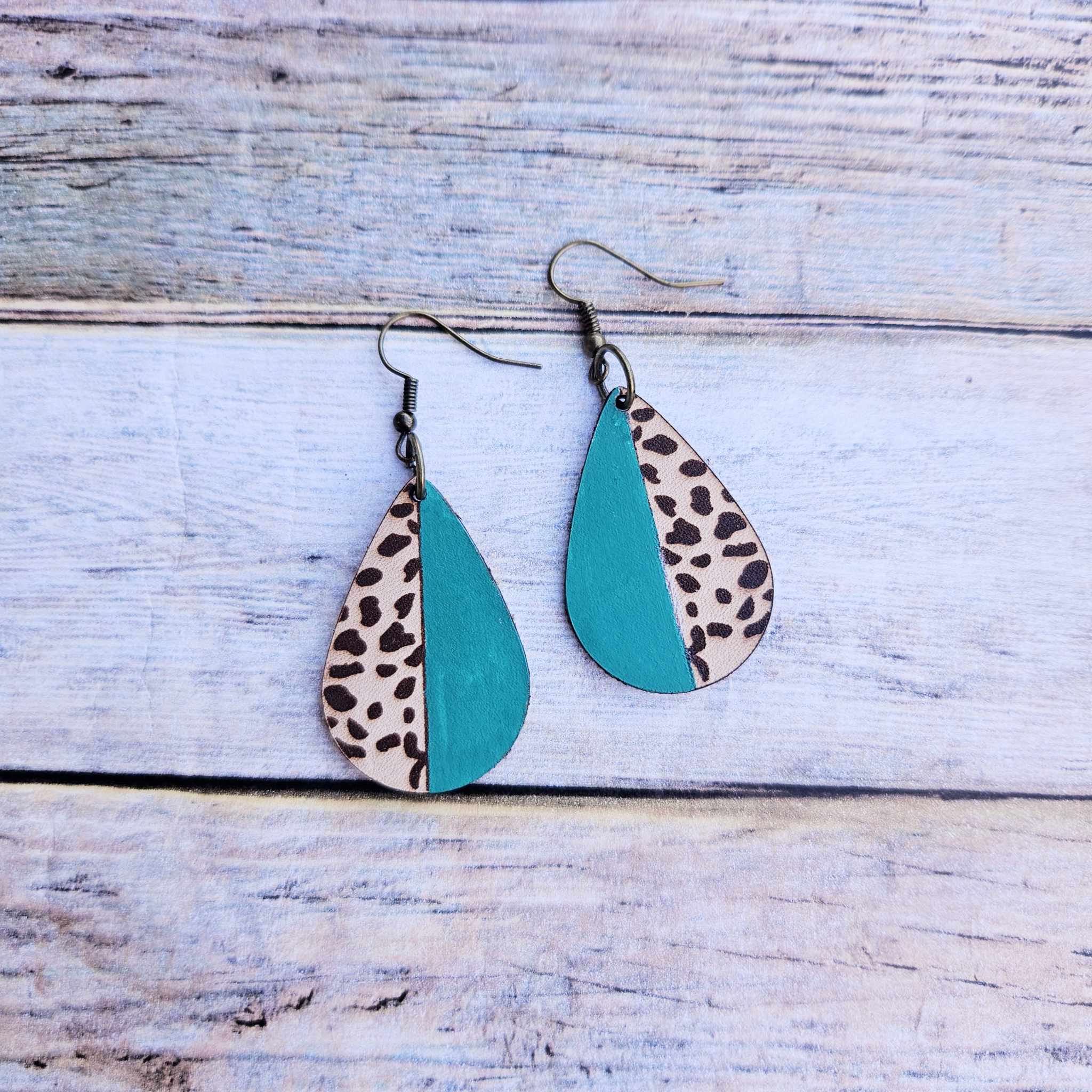laser burned, leopard, earrings, tear drop, leather jewelry , teal earrings