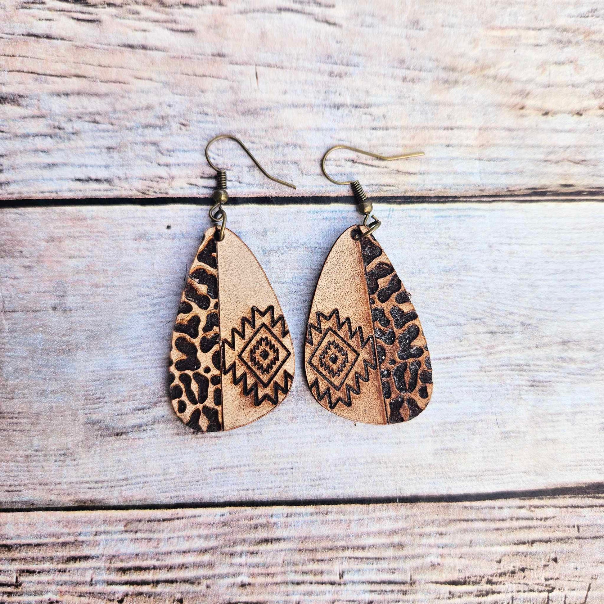 laser burned earrings, southwest earrings, leopard print earrings, leather earrings, handmade earrings, southwest leather