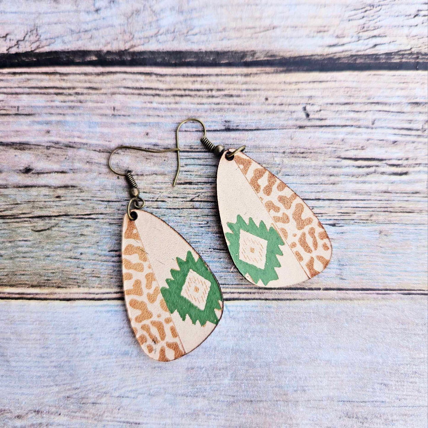 aser burned earrings, southwest earrings, leopard print earrings, leather earrings, handmade earrings, southwest leather