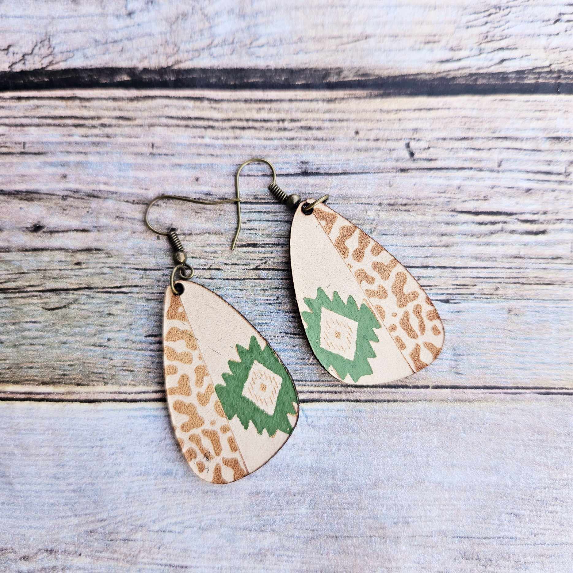 aser burned earrings, southwest earrings, leopard print earrings, leather earrings, handmade earrings, southwest leather