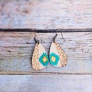 aser burned earrings, southwest earrings, leopard print earrings, leather earrings, handmade earrings, southwest leather