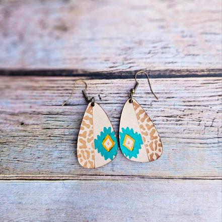 aser burned earrings, southwest earrings, leopard print earrings, leather earrings, handmade earrings, southwest leather