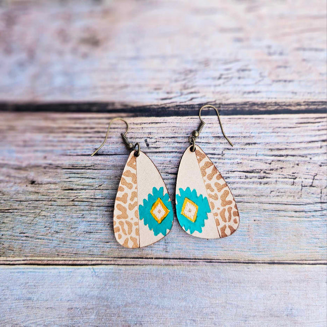aser burned earrings, southwest earrings, leopard print earrings, leather earrings, handmade earrings, southwest leather