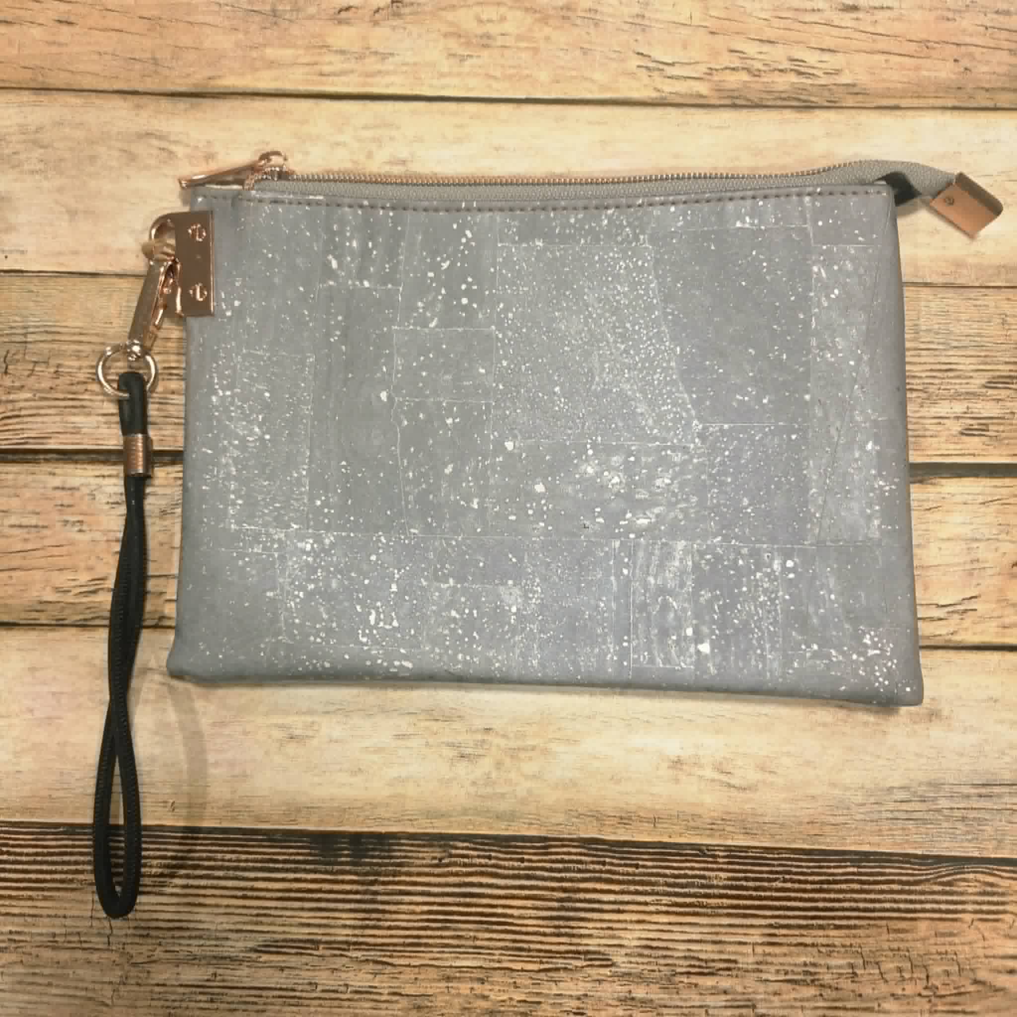 Oleta Bell Dusty Blue Clutch Wristlet with Rose Gold & Fabric Card Slots