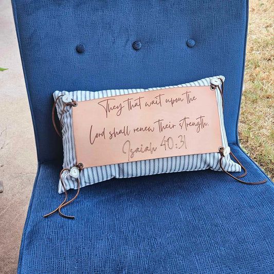 Decorative Pillow with Interchangeable Leather Burned Quote