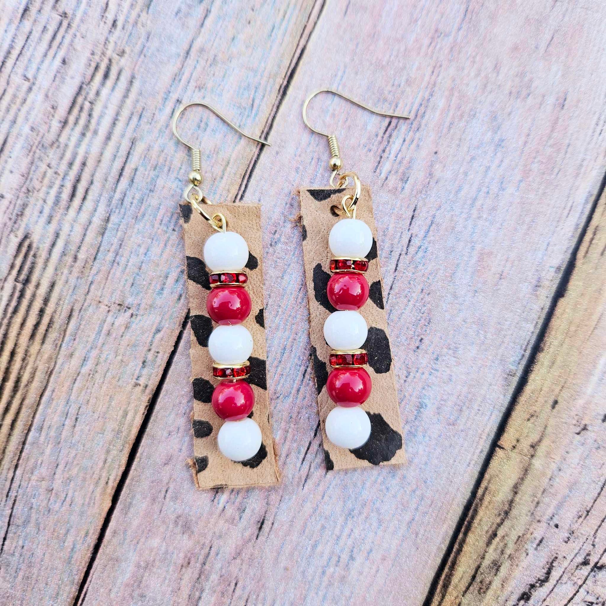 gold earrings, red and white beaded earrings, red rhinestone jewelry, leopard leather earrings, handmade earrings