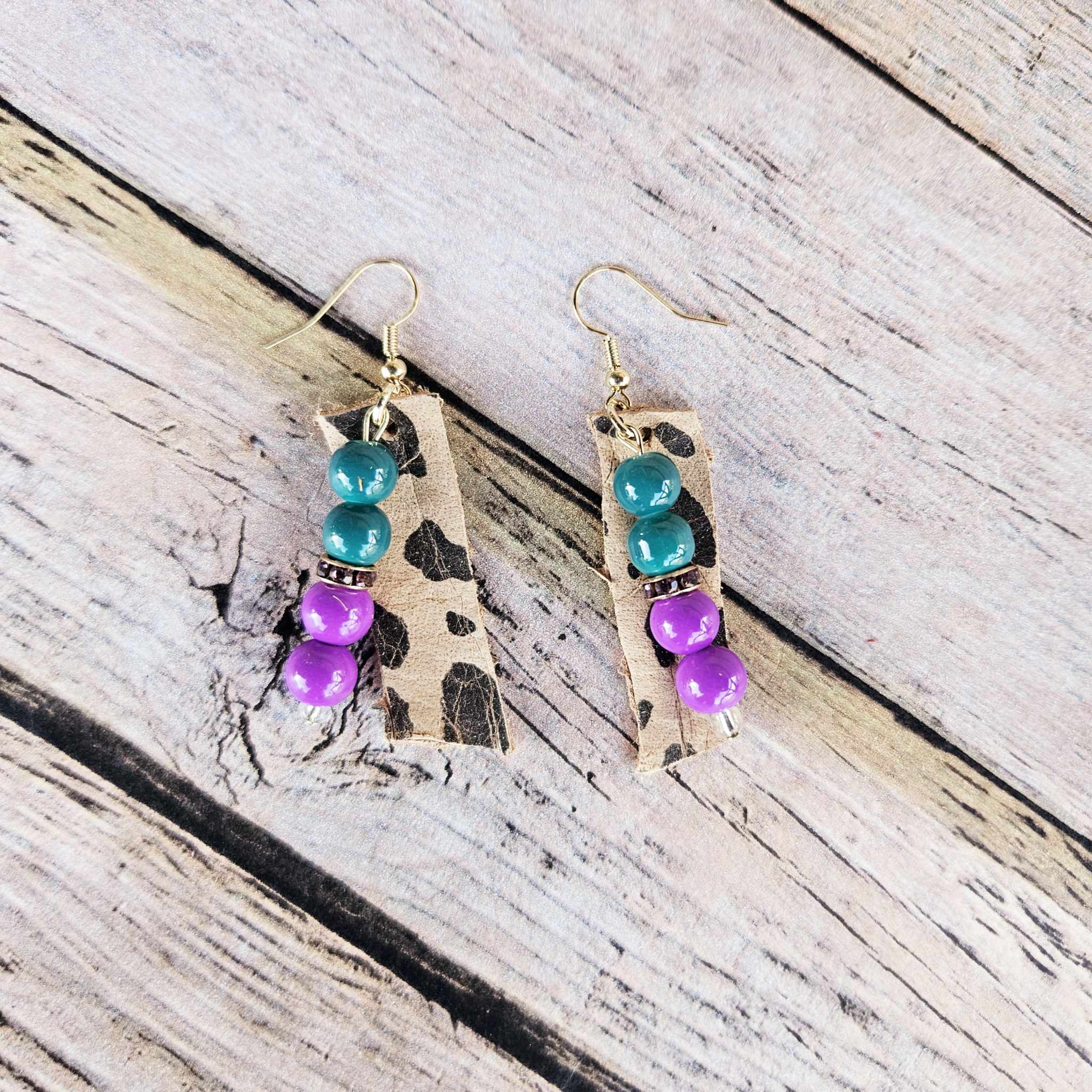 gold earrings, purple & teal beaded earrings, purple rhinestone beads, leopard leather jewelry, handmade jewelry 