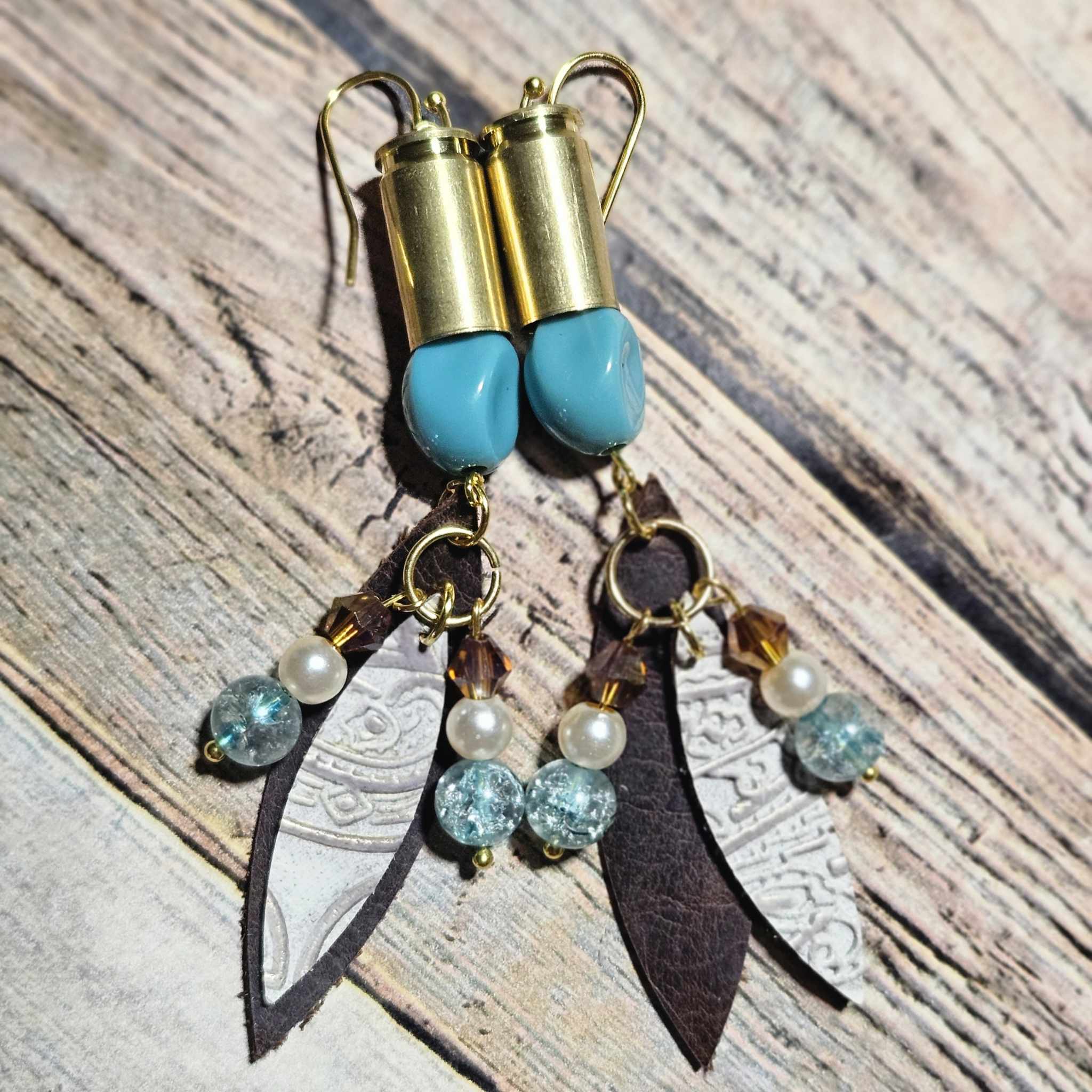 ammo leather jewelry, beaded earrings, leather beaded jewelry, ammo earrings