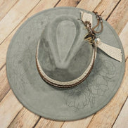 laser poppy flower large brim hat, feather hat, teal large brim hat, bead and feather embellished hat, cowboy hat, laser floral design cowboy hat,  