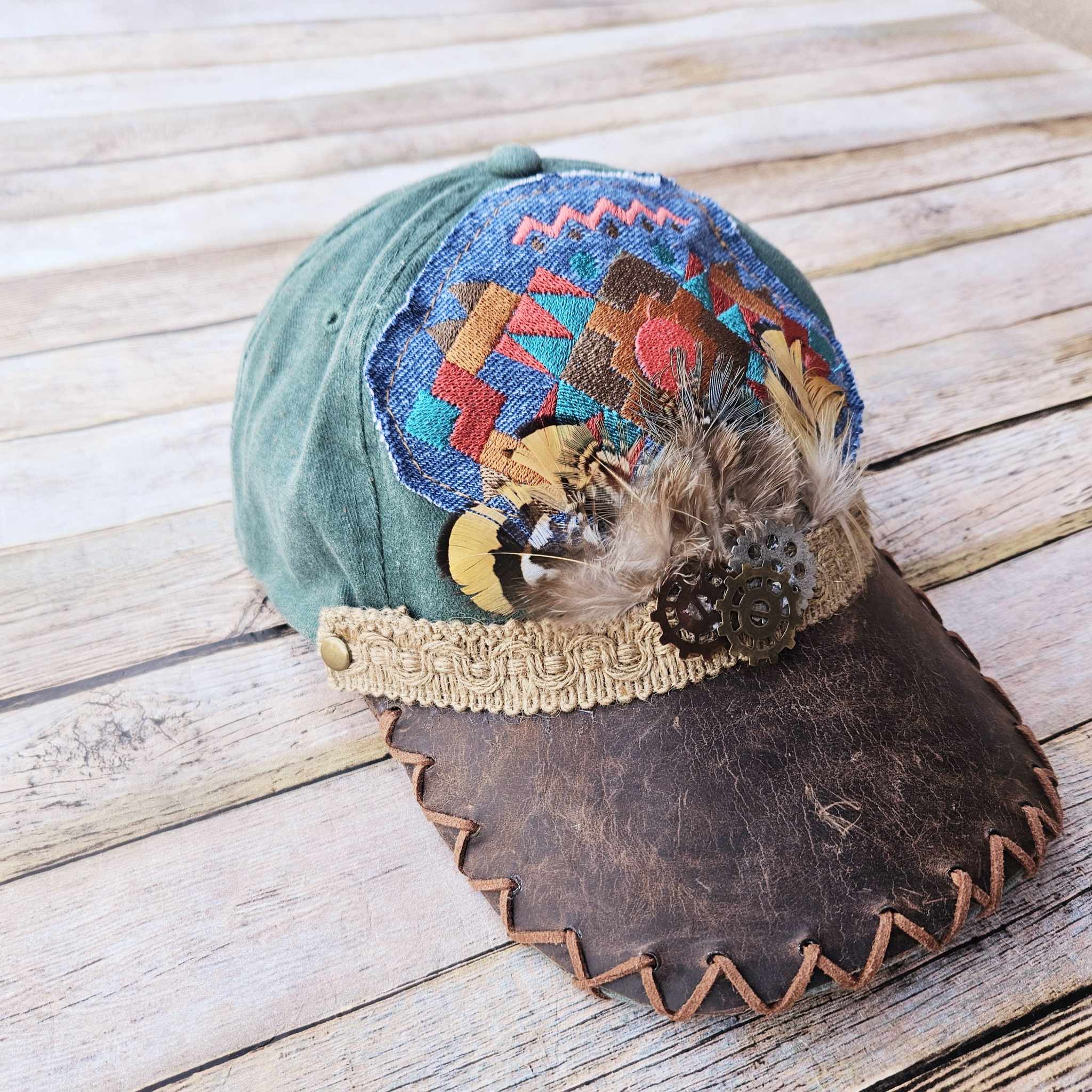 southwest ballcap, green ballcap, feathered ballcap, leather laced ballcap, genuine leather cap,