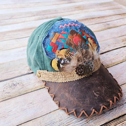 southwest ballcap, green ballcap, feathered ballcap, leather laced ballcap, genuine leather cap,