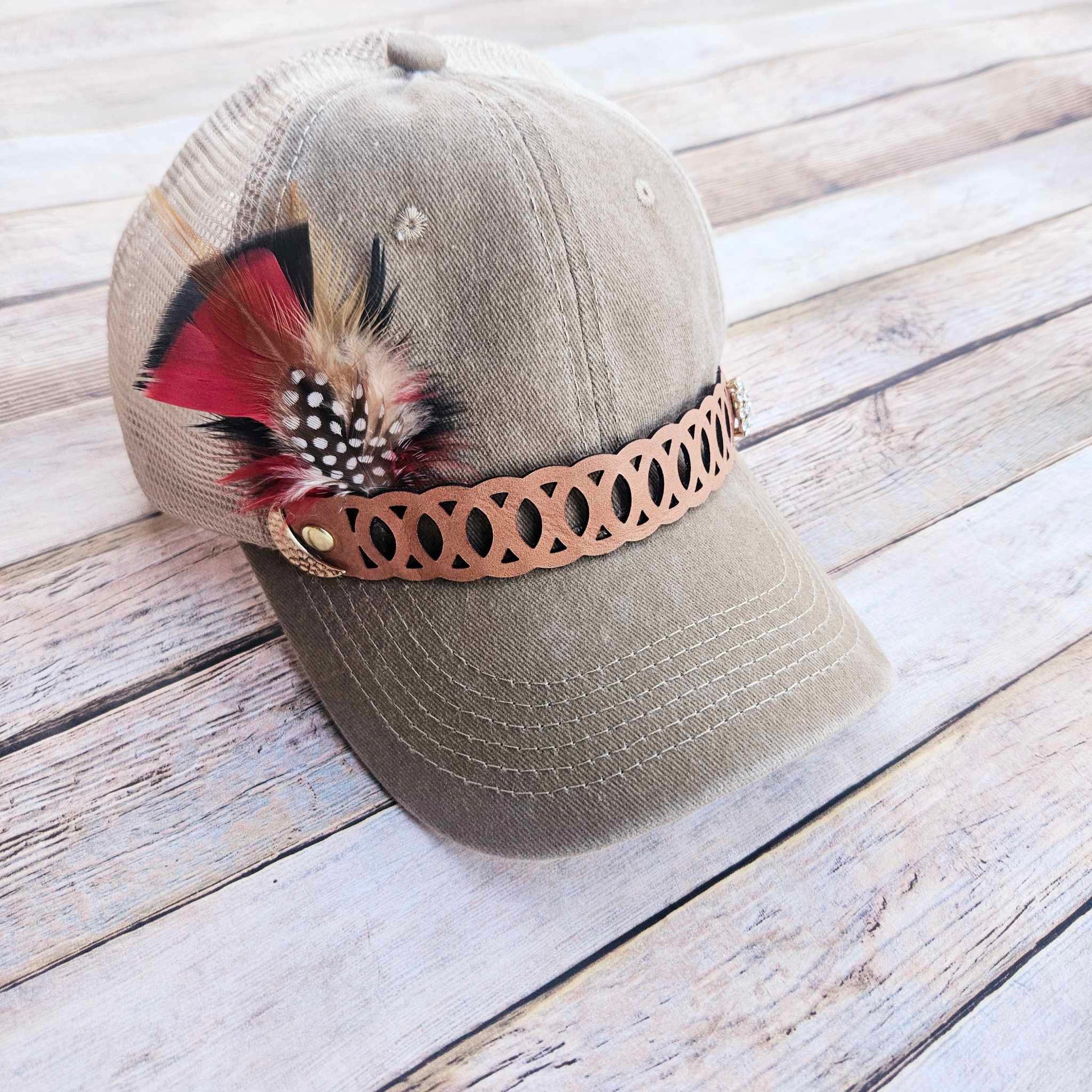 khaki trucker hat, laser burned band hat, feather trucker hat 