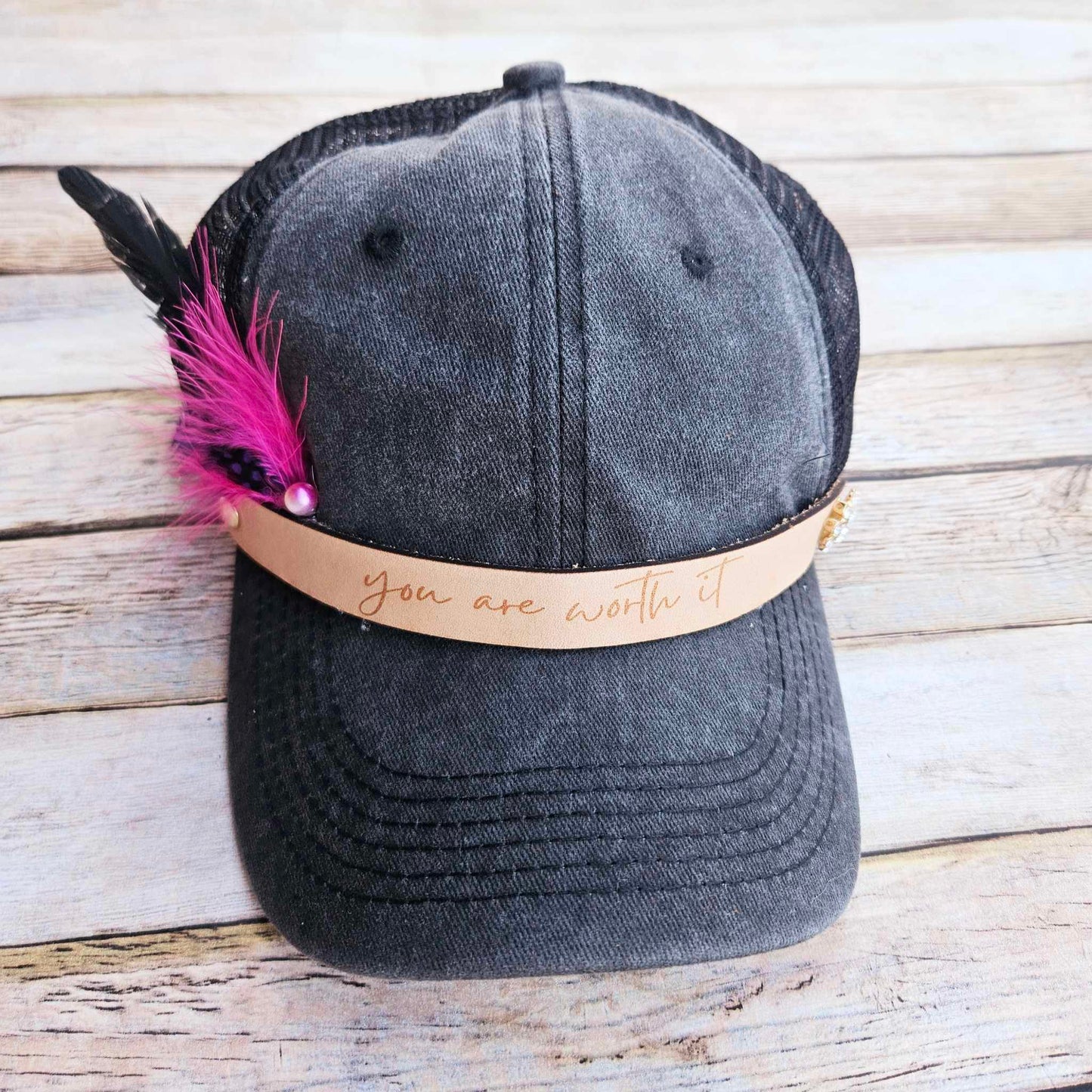 you are worth it burned leather hat, trucker hat, black hat, pink feather hat 