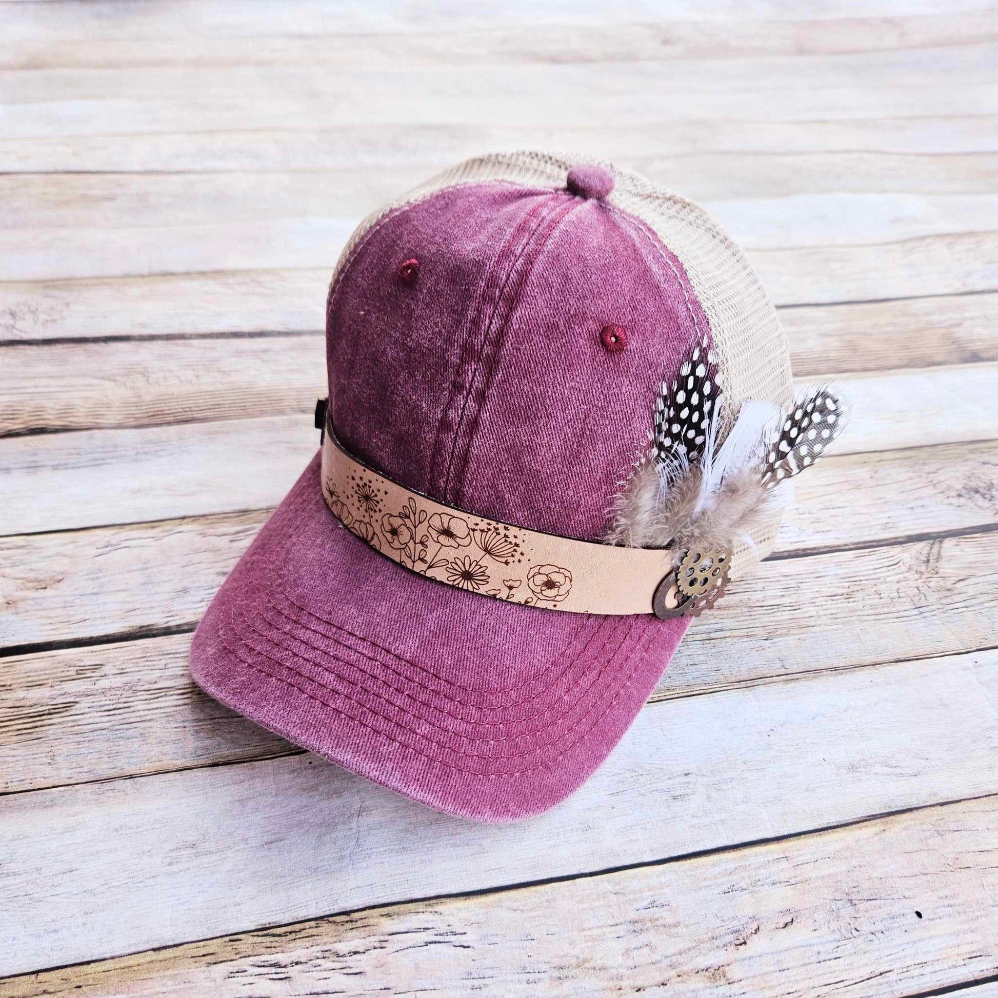 burgundy trucker hat, floral burned band hat, feather hat 