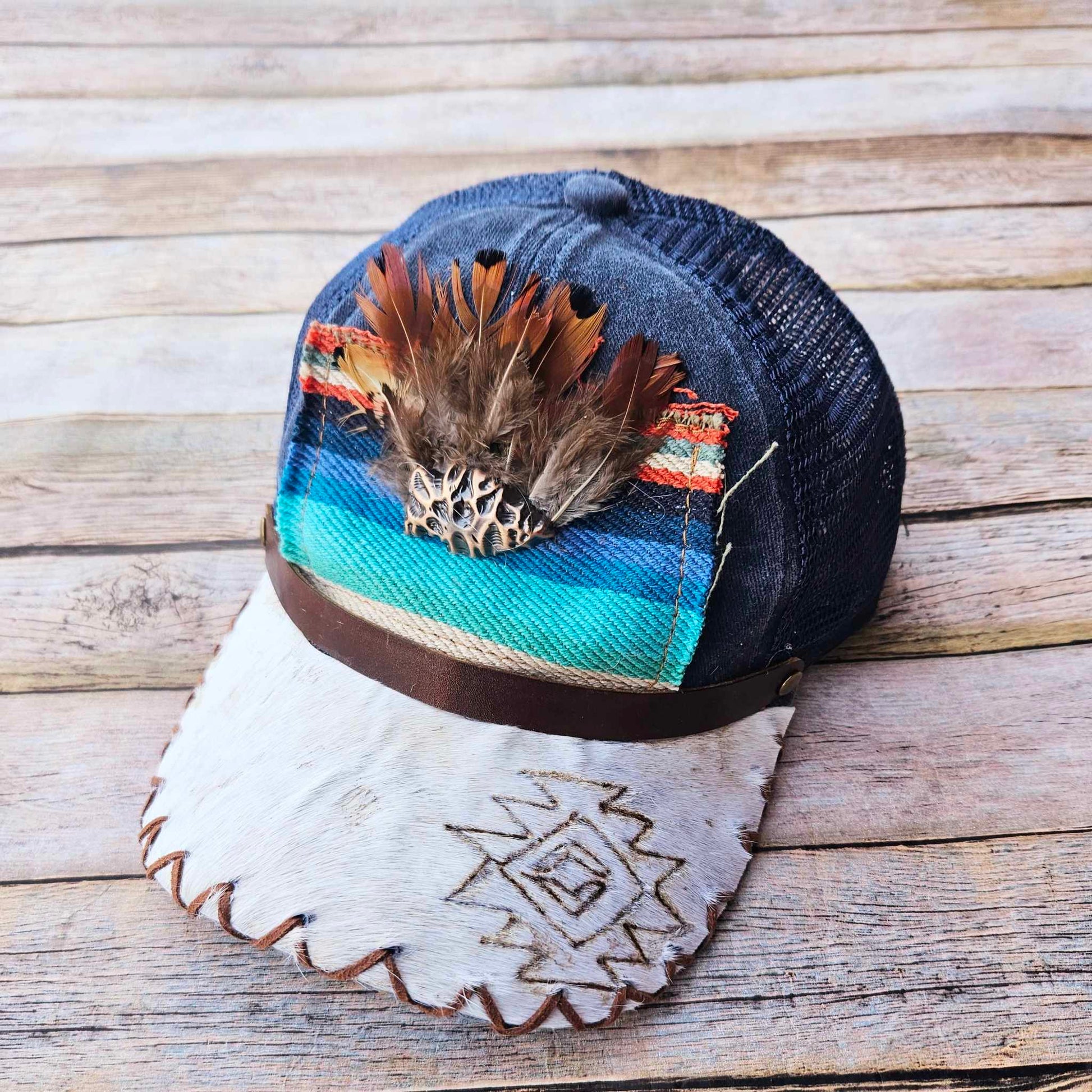 arrowhead concho trucker hat, Aztec burned hat, sarape patch hat, feather trucker hat, fur on hide hat