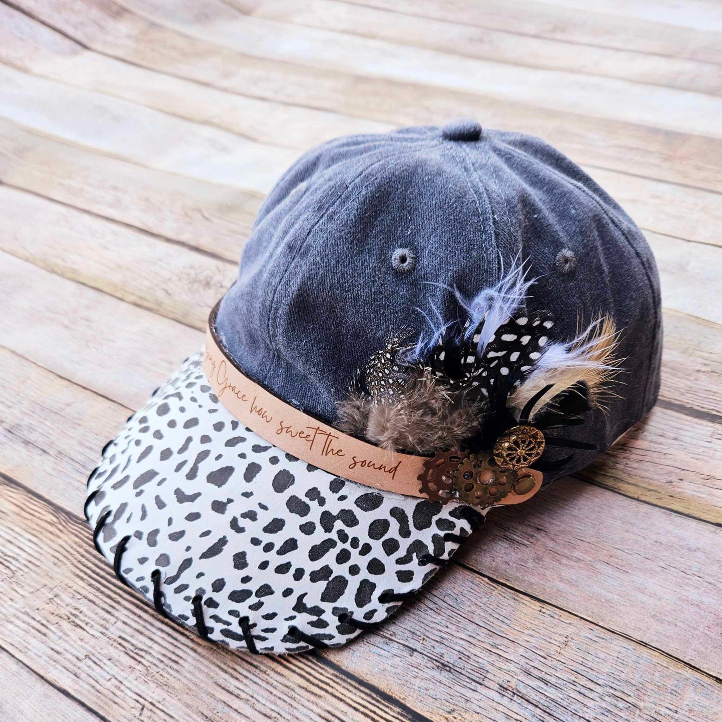 Amazing grace ballcap, feathered ballcap, snow leopard ballcap, leather lace ballcap