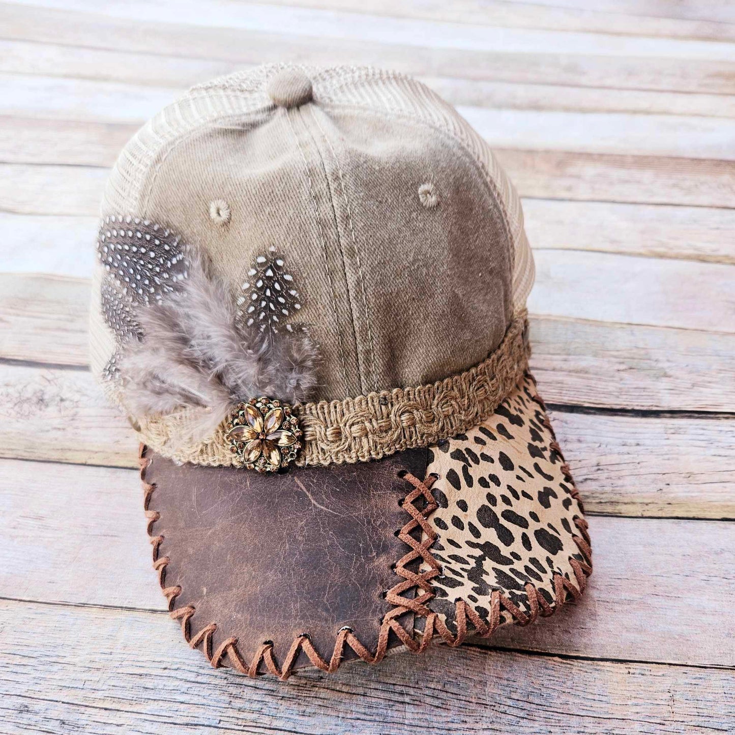 khaki trucker hat, leopard leather hat, feather trucker hat, antique button hat, leather laced hat 