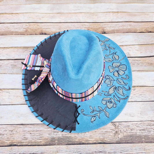 blue brimmed hat, floral burned hat, leather stitched hat, handmade hats,  