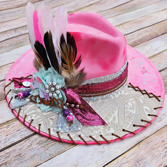 Pink Unicorn Burned Wide Brim Hat