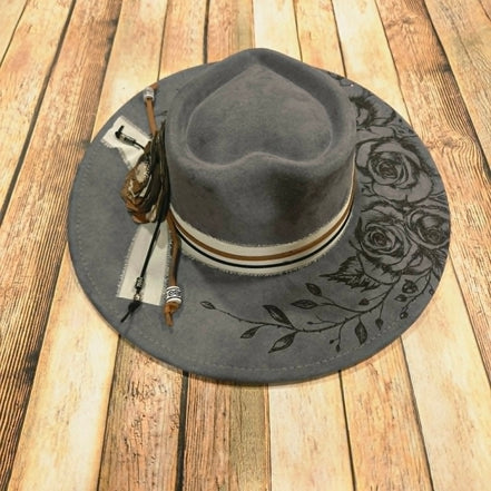 Grey Wide Brim Hat with Laser burned rose vines and Leather Flower accessories