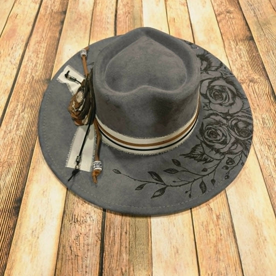 Grey Wide Brim Hat with Laser burned rose vines and Leather Flower accessories
