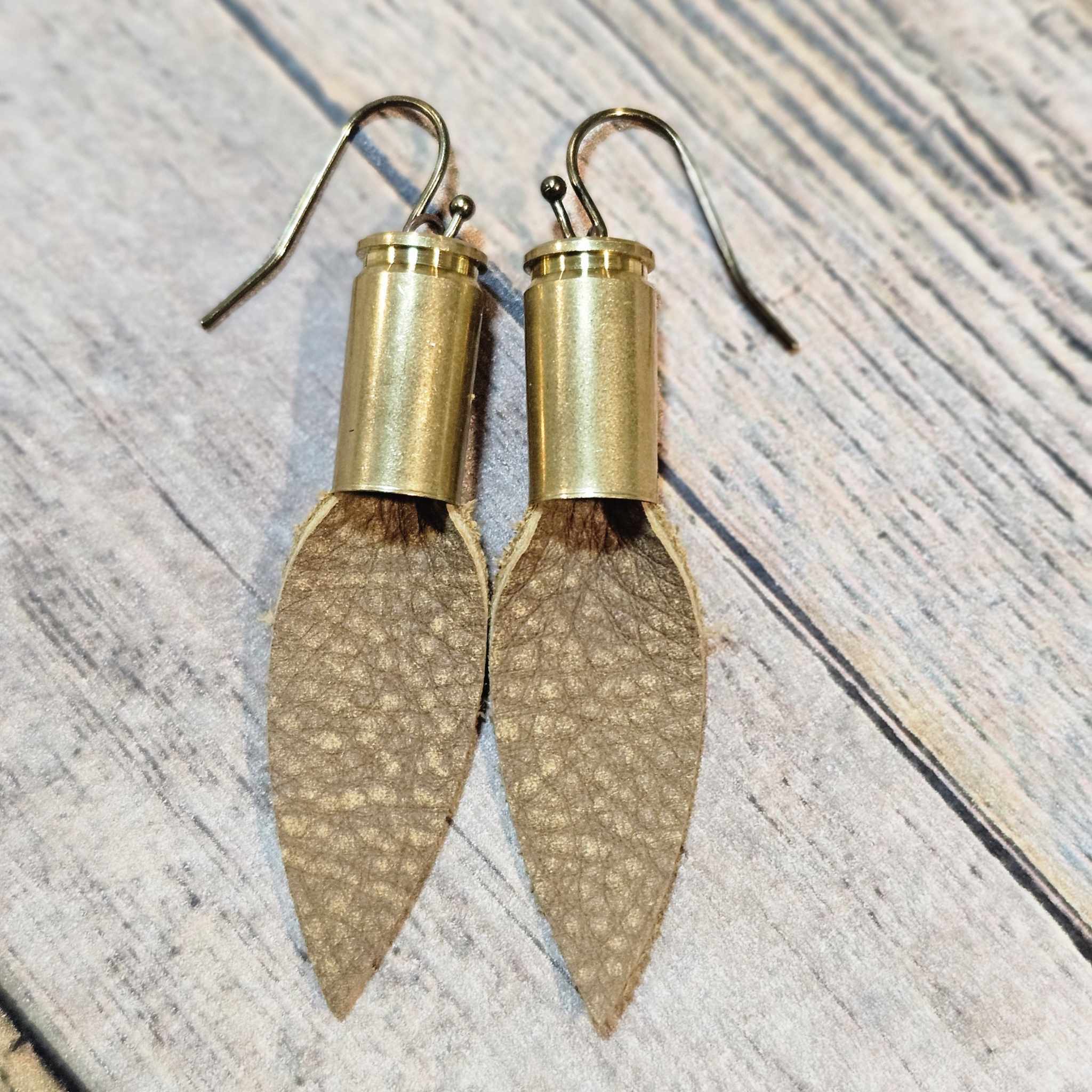 ammo leather earrings, handmade earrings, leather ammo jewelry