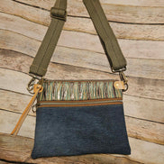 repurposed denim and brown turquoise leather crossbody, vegetable leather accents, antique hardware, handmade leather crossbody bag