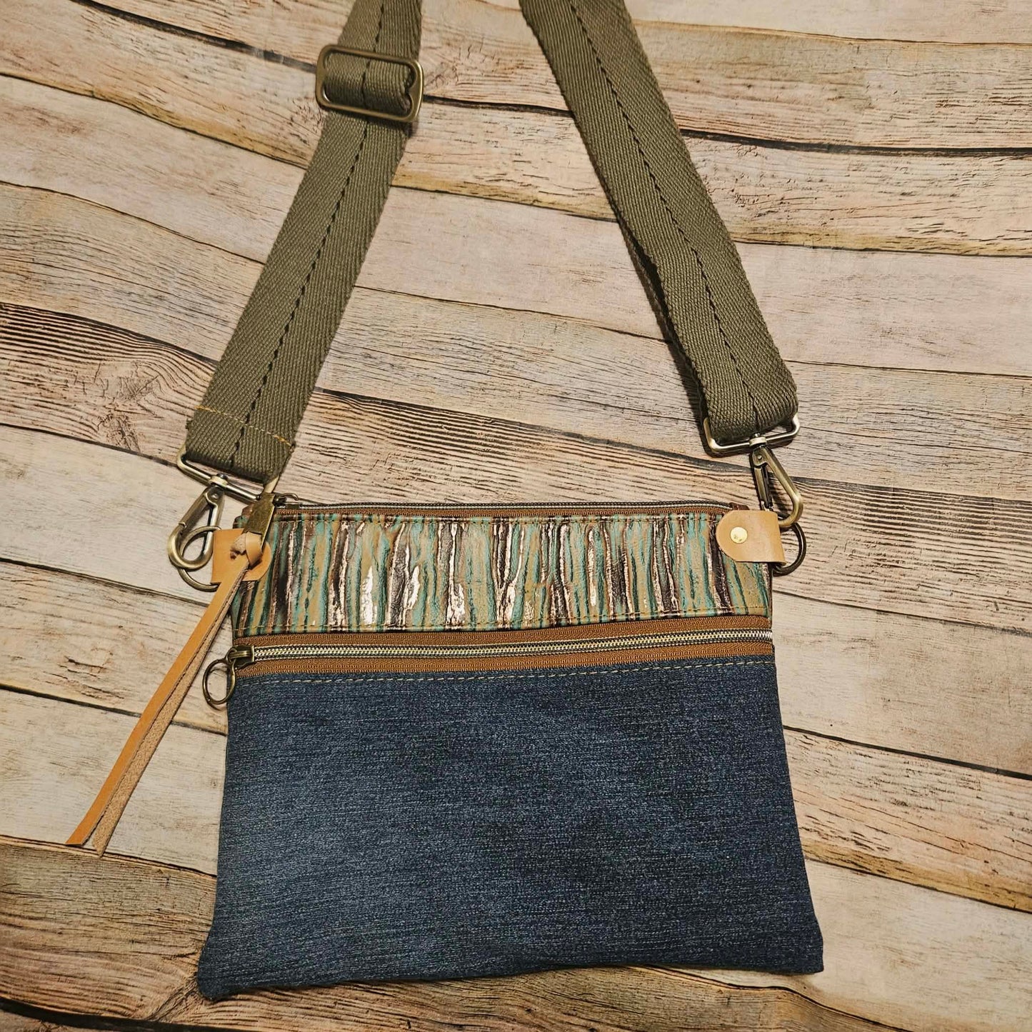 Addie Belle Re-purposed Denim/ Turquoise Brown Leather & Veg Tan Leather Crossbody Bag