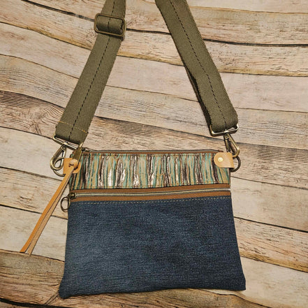 repurposed denim and brown turquoise leather crossbody, vegetable leather accents, antique hardware, handmade leather crossbody bag