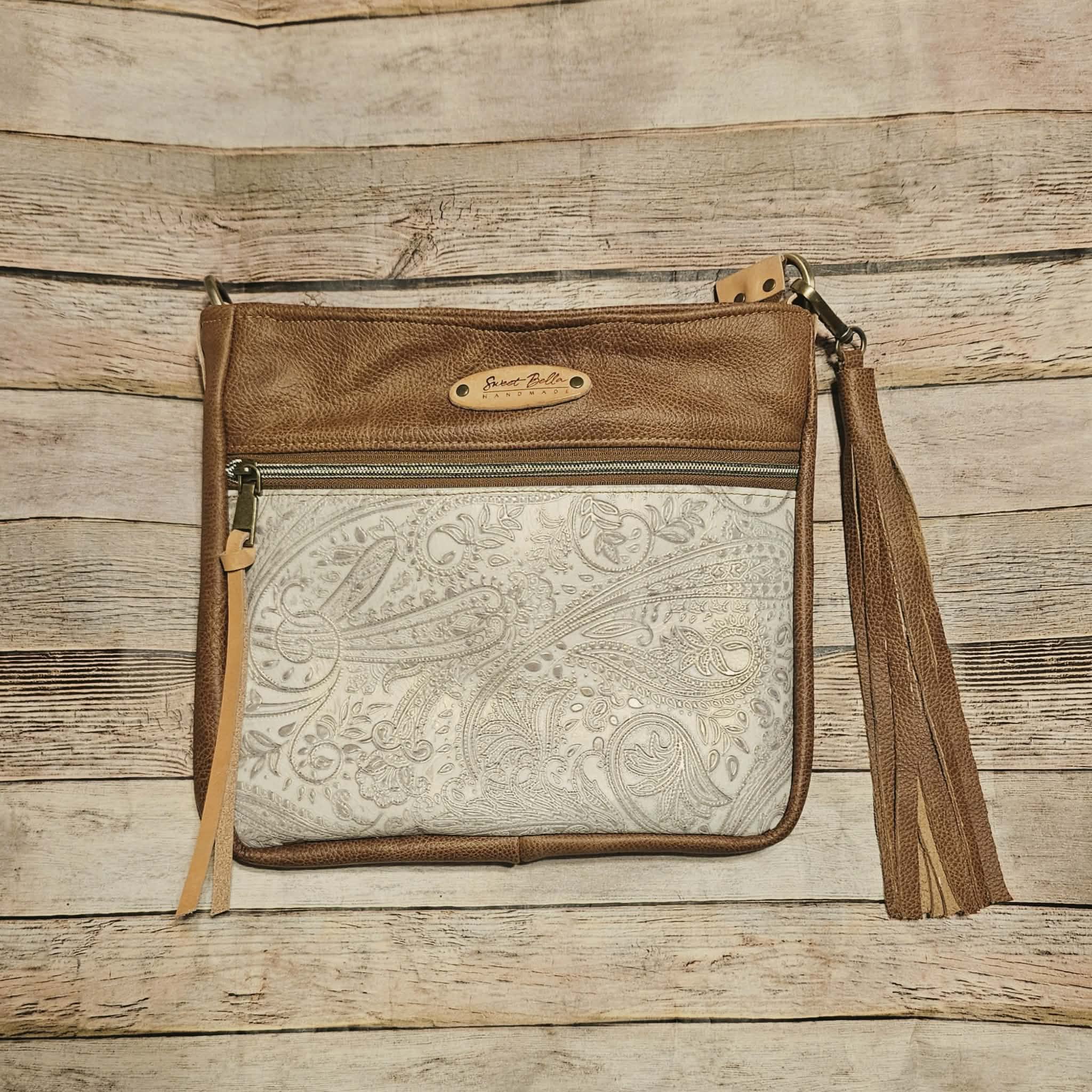 Linnie’s Camel & White Paisley Leather Crossbody – Handcrafted in Texas
