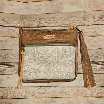 Linnie’s Camel & White Paisley Leather Crossbody – Handcrafted in Texas
