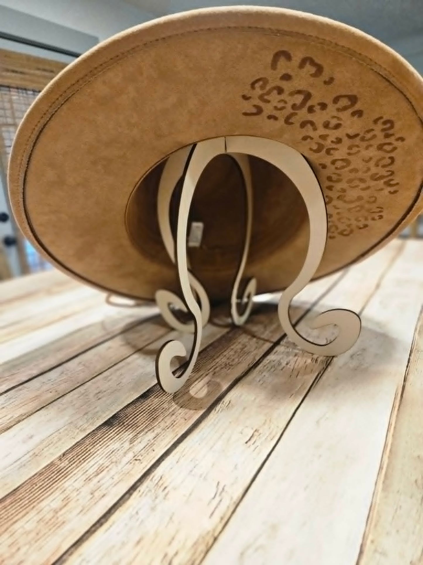 laser burned large brim hat, hibiscus flower and leopard burned hat, leather flower hat leather banded hat, handmade hat
