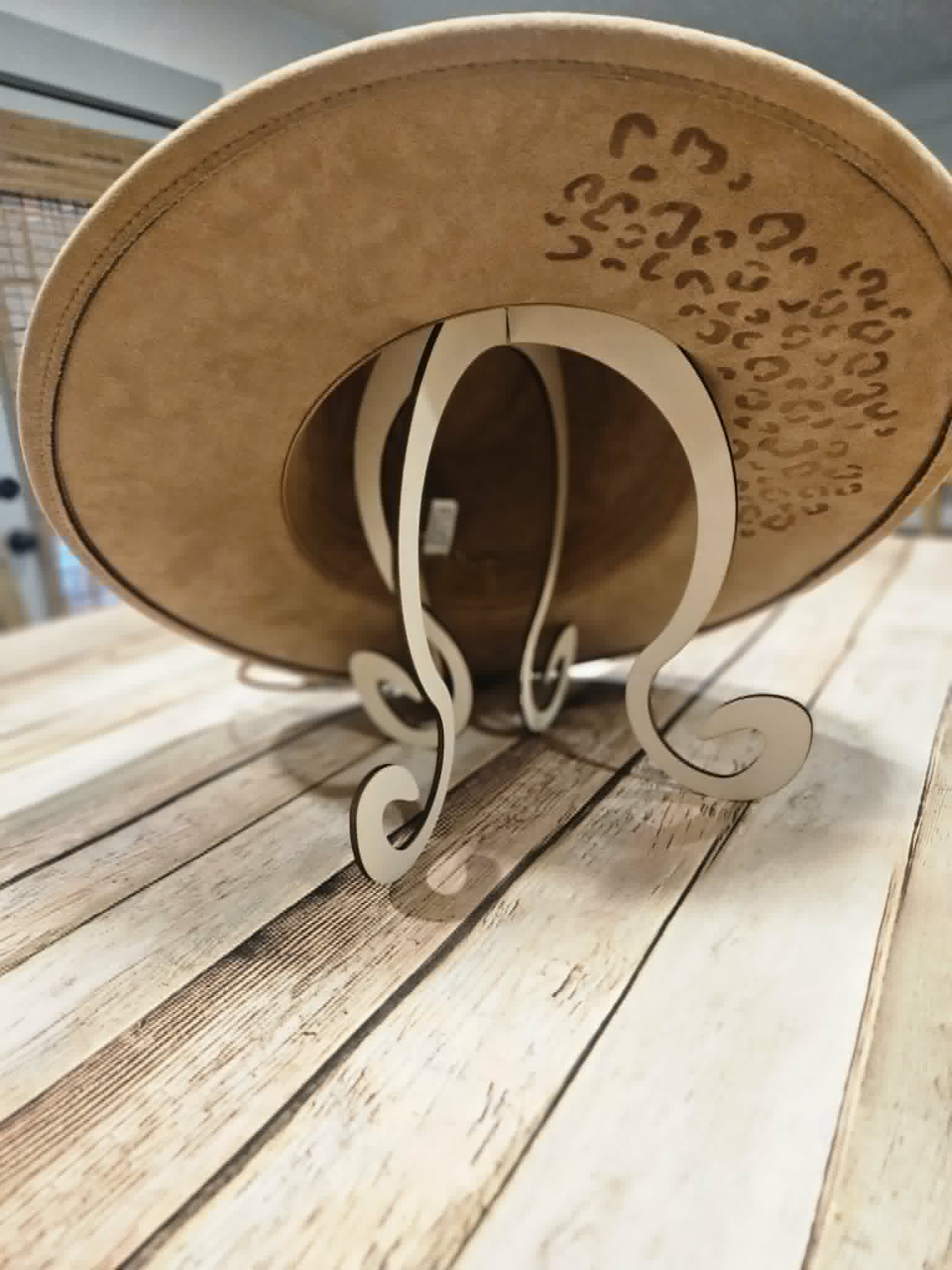 laser burned large brim hat, hibiscus flower and leopard burned hat, leather flower hat leather banded hat, handmade hat