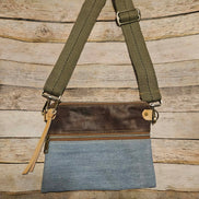 denim leather crossbody bag, vegetable tan leather accents, brown leather bag, denim bag, antique gold hardware, pick your strap crossbody 