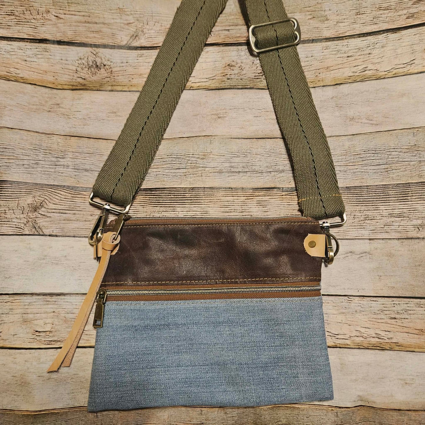 Addie Belle Re-purposed Light Wash Denim/ Brown Leather & Veg Tan Leather Crossbody Bag