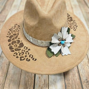 laser burned large brim hat, hibiscus flower and leopard burned hat, leather flower hat leather banded hat, handmade hat