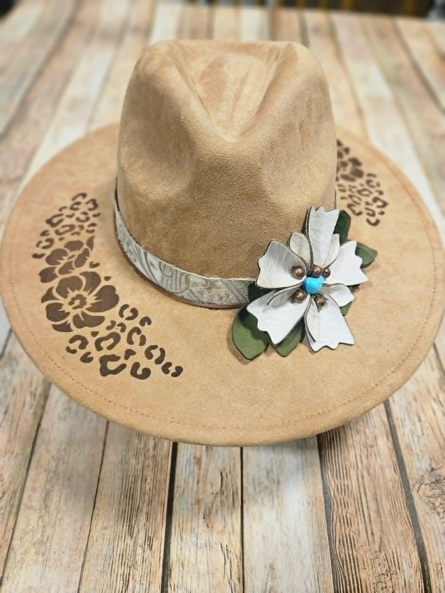 laser burned large brim hat, hibiscus flower and leopard burned hat, leather flower hat leather banded hat, handmade hat