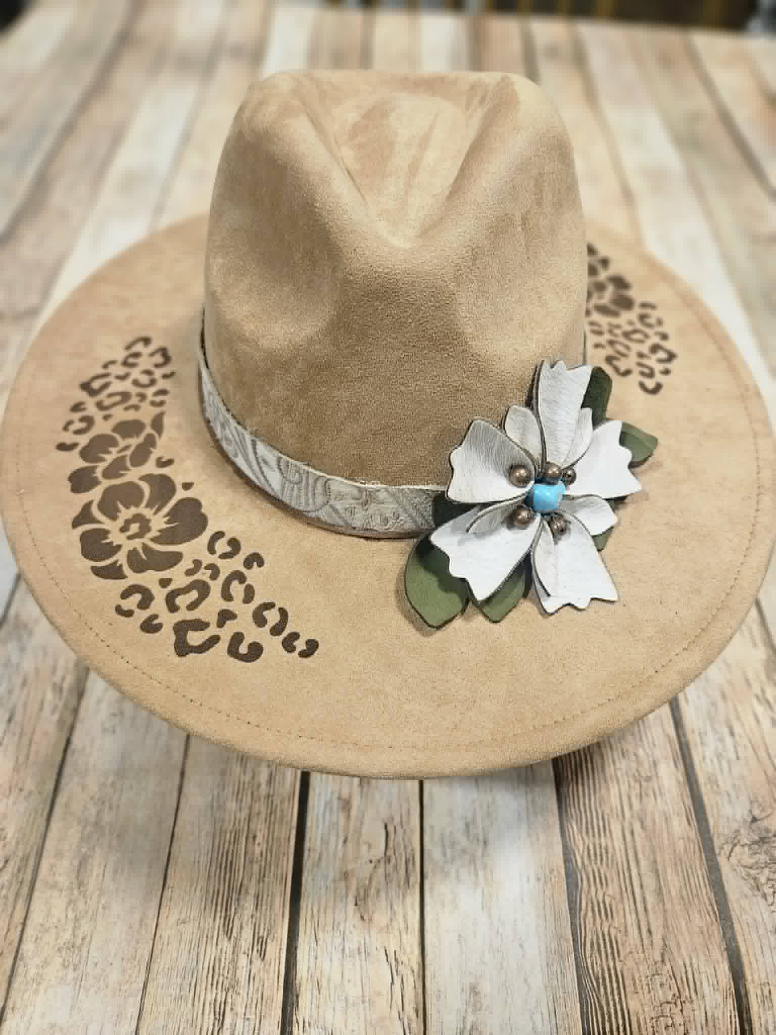 laser burned large brim hat, hibiscus flower and leopard burned hat, leather flower hat leather banded hat, handmade hat