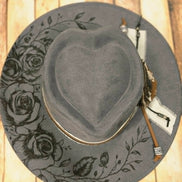 Grey Wide Brim Hat with Laser burned rose vines and Leather Flower accessories