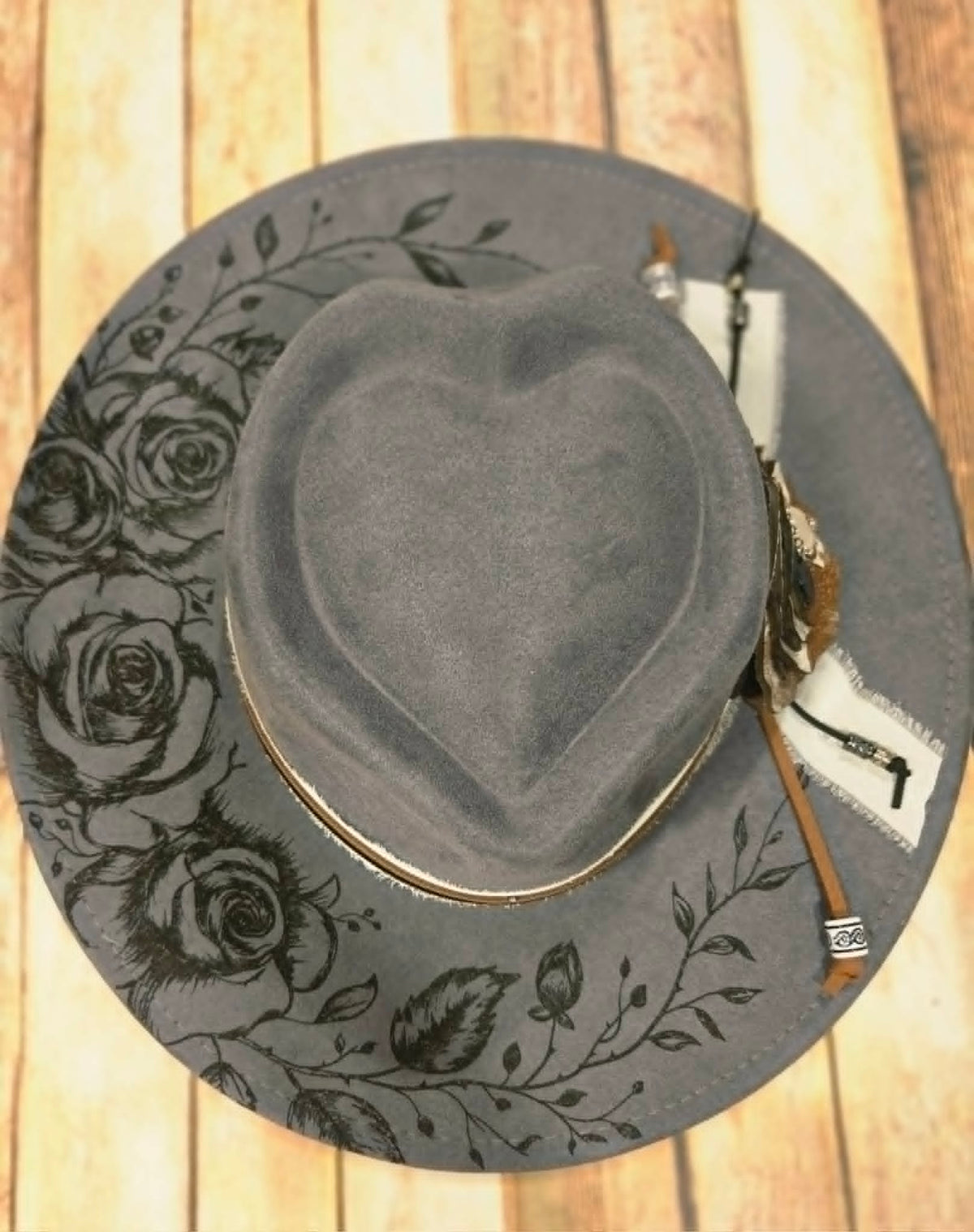 Grey Wide Brim Hat with Laser burned rose vines and Leather Flower accessories