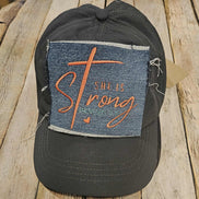 grey cap with coral embroidered she is strong, denim patch cap, ponytail grey cap 