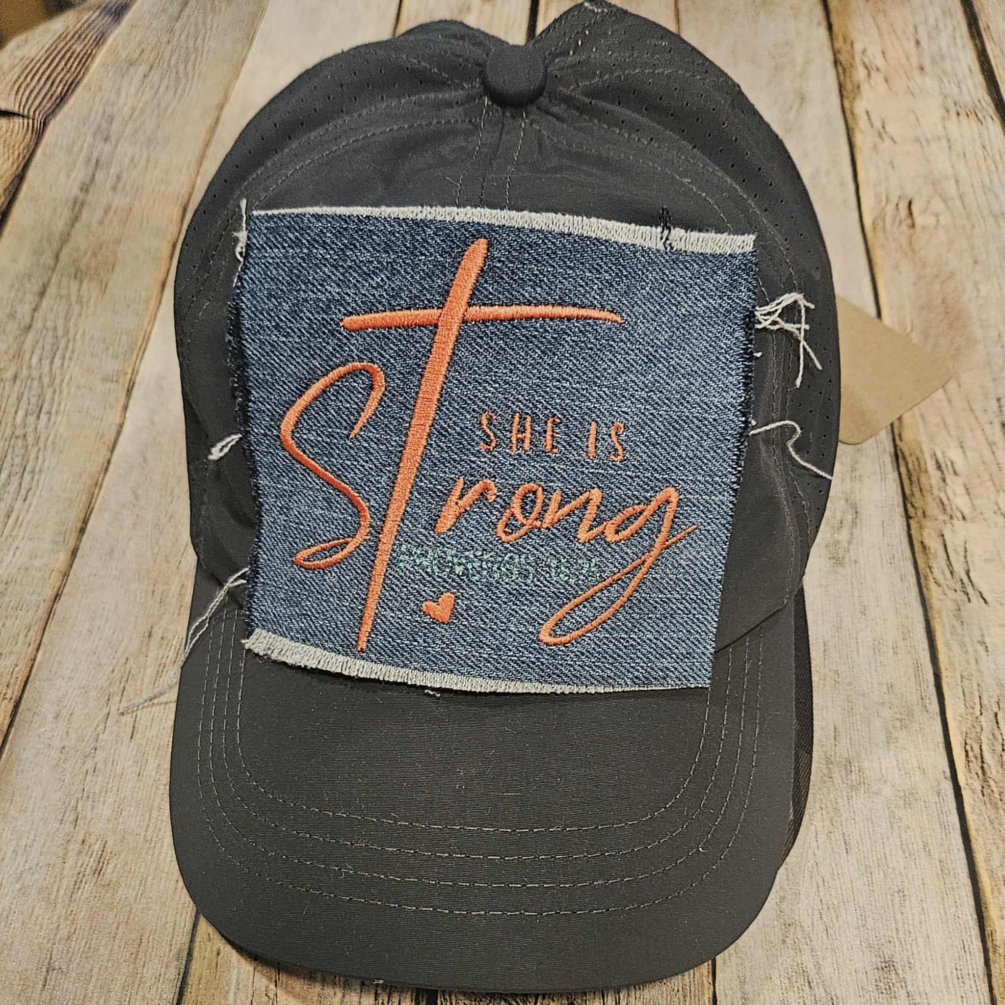 grey cap with coral embroidered she is strong, denim patch cap, ponytail grey cap 